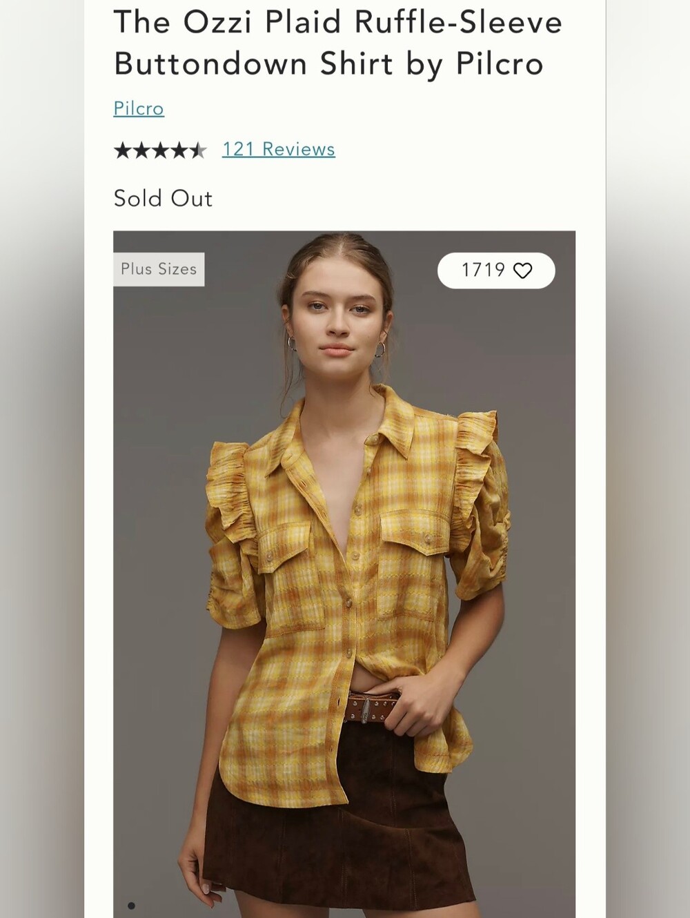 Pilcro Anthropologie Ozzi Yellow Plaid Ruffle Puff Sleeve Button Down Shirt, M